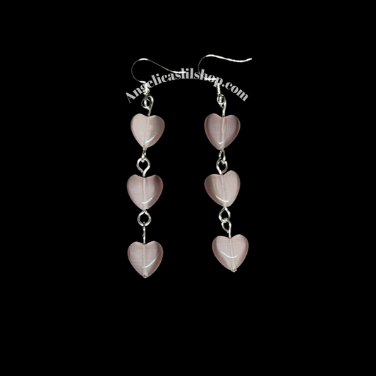 Triple Heart Pink Cat Eye Earrings