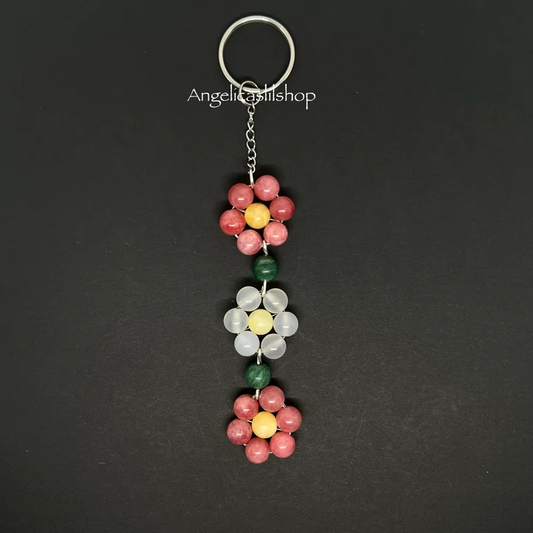 Pink Agate (Dyed)/White Jade Flower Keychain