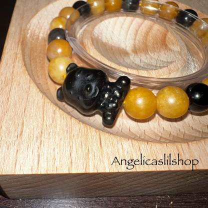 Pulsera Winnie the Pooh con aventurina amarilla y obsidiana plateada