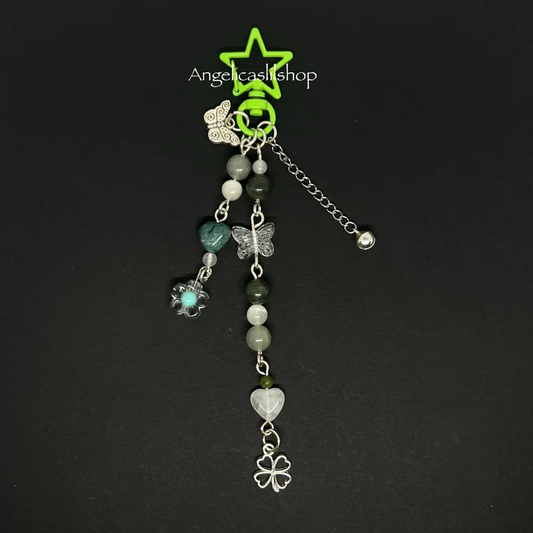 White agate/Green Lace Jade 4-leaf clover keychain