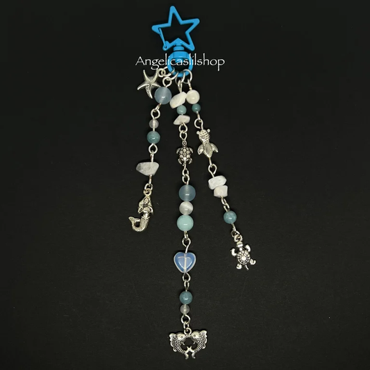 Blue Moonstone/Caribbean Calcite Double Fish Keychain