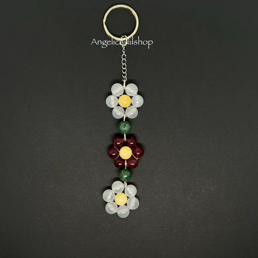 White Jade/ Red Chalcedony(Dyed) Flower Keychain